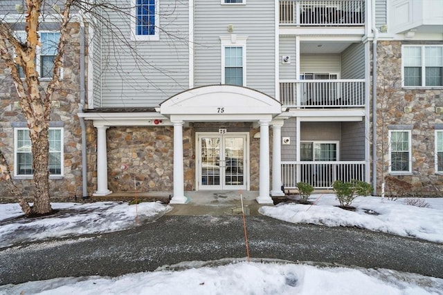 view of snow covered building