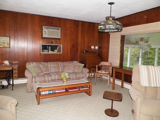 7 Maple Ln, Millbury, MA 01527 - living room featuring wooden walls, carpet flooring, a wall mounted air conditioner, and a baseboard radiator