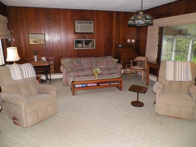 7 Maple Ln, Millbury, MA 01527 - carpeted living area featuring wooden walls, a wall mounted air conditioner, and a baseboard heating unit