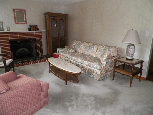 7 Maple Ln, Millbury, MA 01527 - living area with wallpapered walls, carpet, and a fireplace