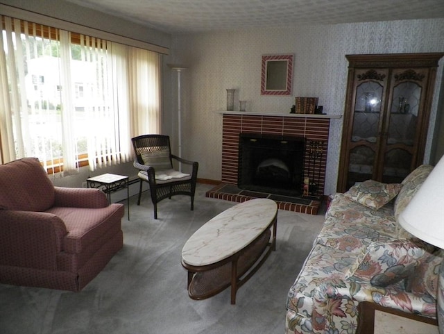 7 Maple Ln, Millbury, MA 01527 - carpeted living room with a brick fireplace and wallpapered walls