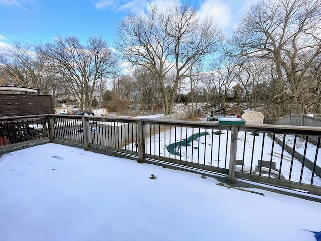 snow covered deck with a covered pool