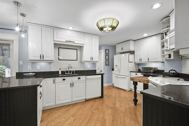 kitchen featuring white cabinetry, white appliances, open shelves, and a sink