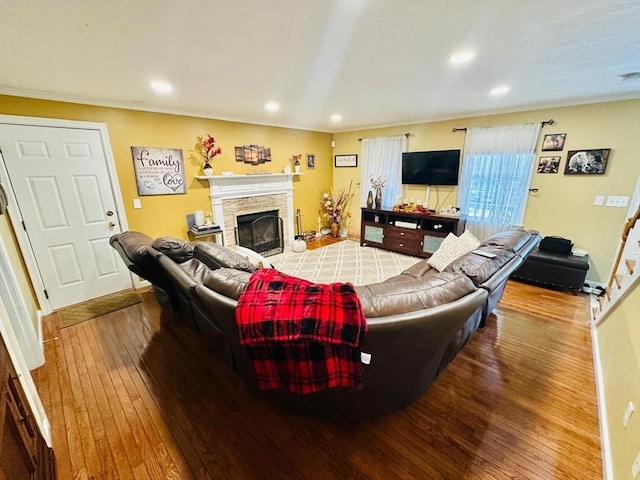 living room with a fireplace and hardwood / wood-style flooring