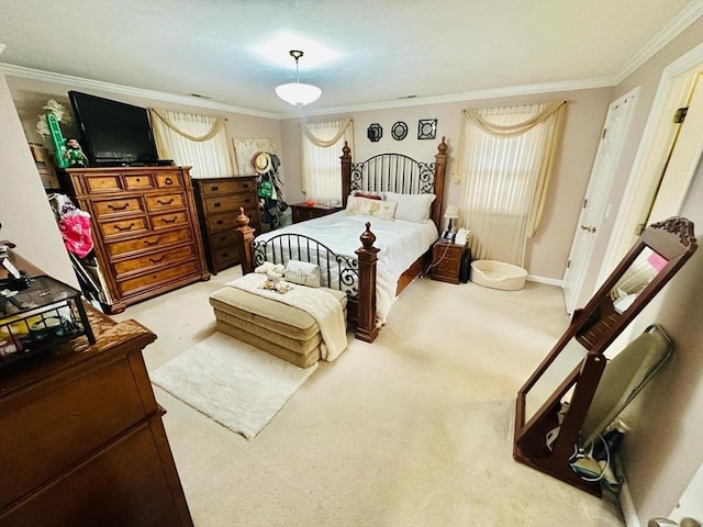 carpeted bedroom with multiple windows and crown molding