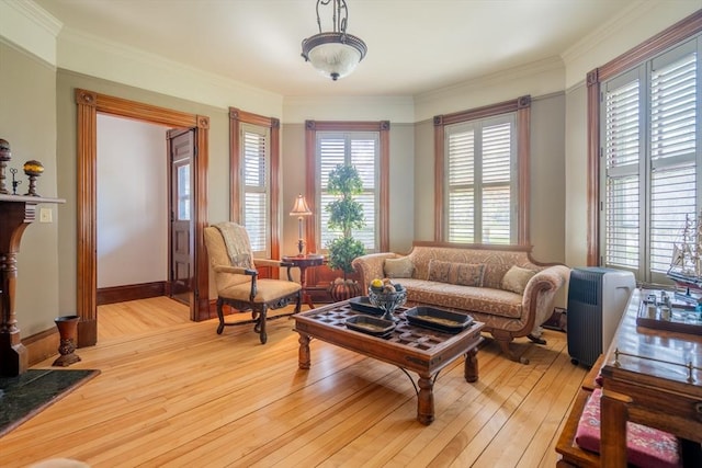 living area featuring baseboards, ornamental molding, and light wood-type flooring