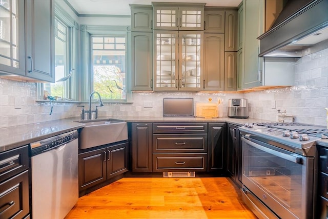 kitchen with appliances with stainless steel finishes, a sink, premium range hood, green cabinets, and light wood finished floors