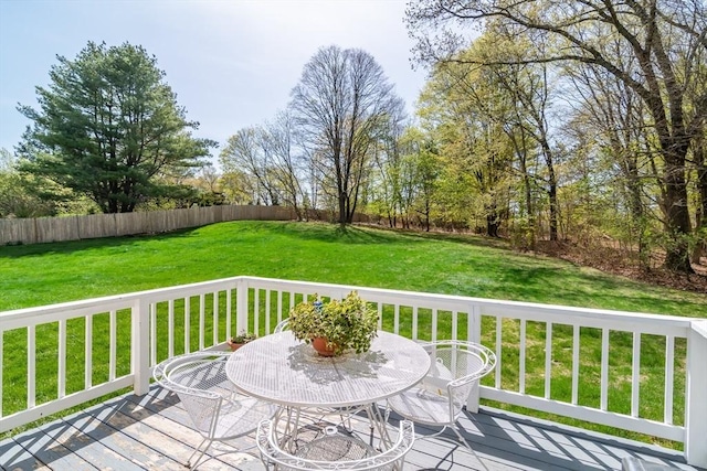 deck with a lawn, a fenced backyard, and outdoor dining area