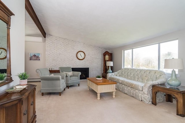 living room featuring a brick fireplace, brick wall, light carpet, baseboard heating, and vaulted ceiling with beams