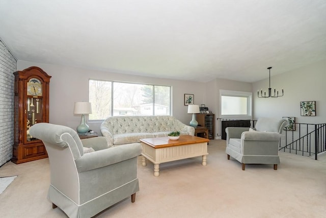 living area featuring light carpet and brick wall