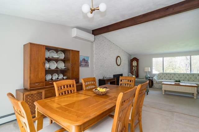 dining area with lofted ceiling with beams, light carpet, baseboard heating, a brick fireplace, and a wall mounted AC