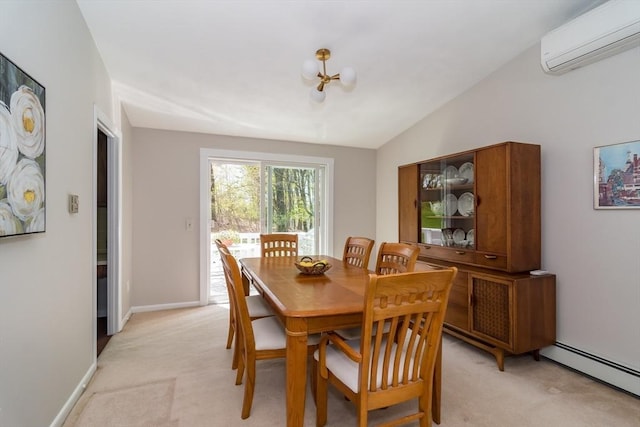 dining area with a notable chandelier, light carpet, an AC wall unit, lofted ceiling, and a baseboard radiator