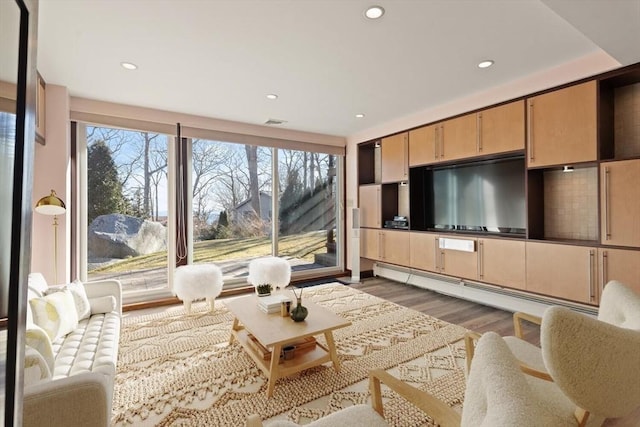 living area with dark wood-style floors, baseboard heating, plenty of natural light, and recessed lighting