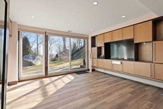 unfurnished living room with wood finished floors, plenty of natural light, and recessed lighting