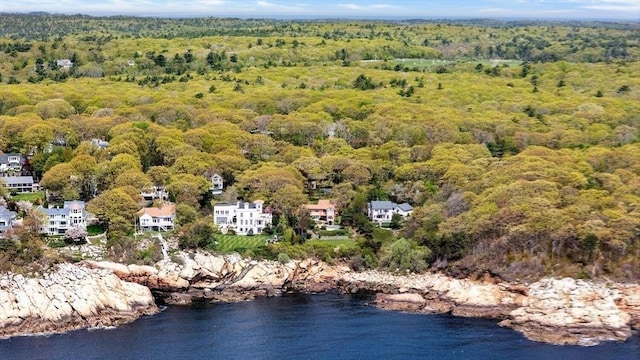 bird's eye view of a heavily wooded area and a large body of water