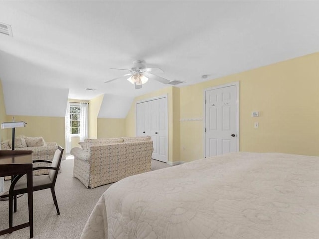 carpeted bedroom with a ceiling fan