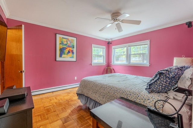 290 E St, Westwood, MA 02090 - bedroom featuring a baseboard heating unit, ornamental molding, and a ceiling fan