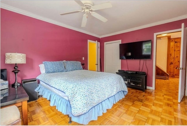 290 E St, Westwood, MA 02090 - bedroom featuring a closet, ornamental molding, and ceiling fan