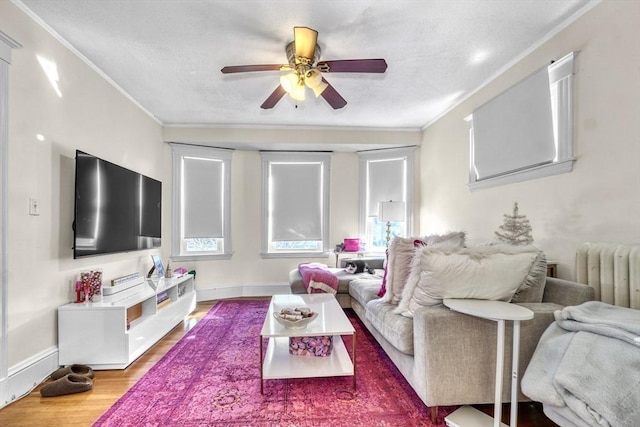 living room with radiator, a textured ceiling, ceiling fan, crown molding, and hardwood / wood-style floors