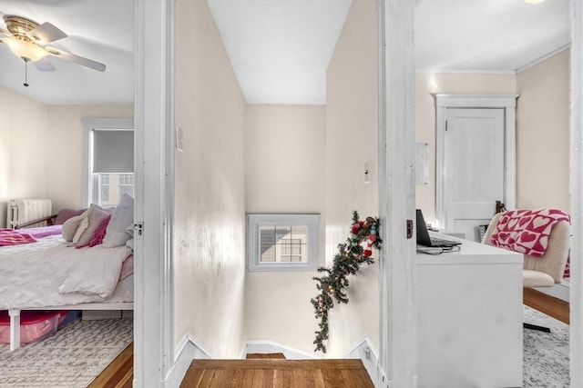 interior space featuring hardwood / wood-style flooring, radiator, and ceiling fan