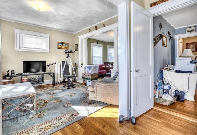 living room with a healthy amount of sunlight, wood-type flooring, and ornamental molding