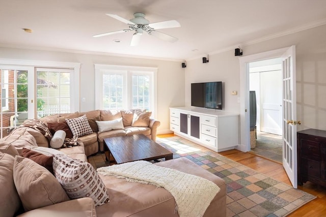living area featuring crown molding, light wood-type flooring, and ceiling fan