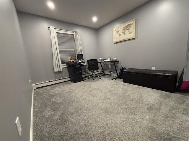 carpeted office with baseboard heating