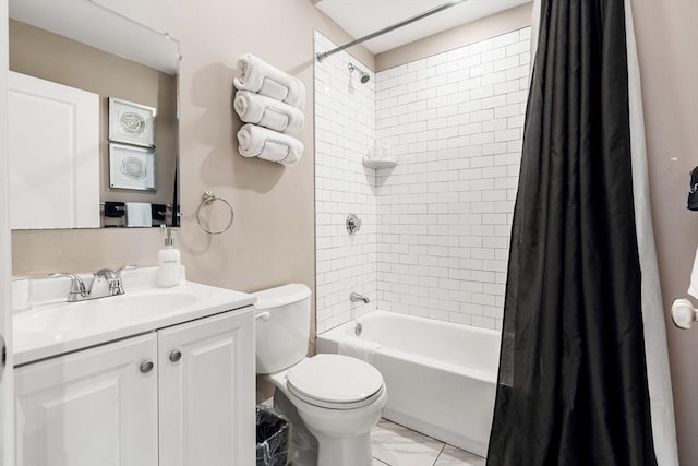 bathroom with shower / bath combo with shower curtain, toilet, and vanity