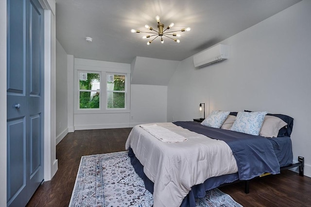 3030 Main St, Palmer, MA 01009 - bedroom featuring a wall mounted AC, a chandelier, wood finished floors, and lofted ceiling