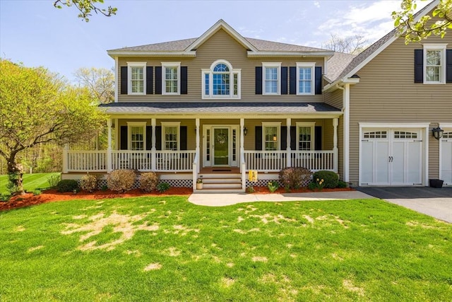 colonial inspired home with a porch, aphalt driveway, a front lawn, an attached garage, and a shingled roof