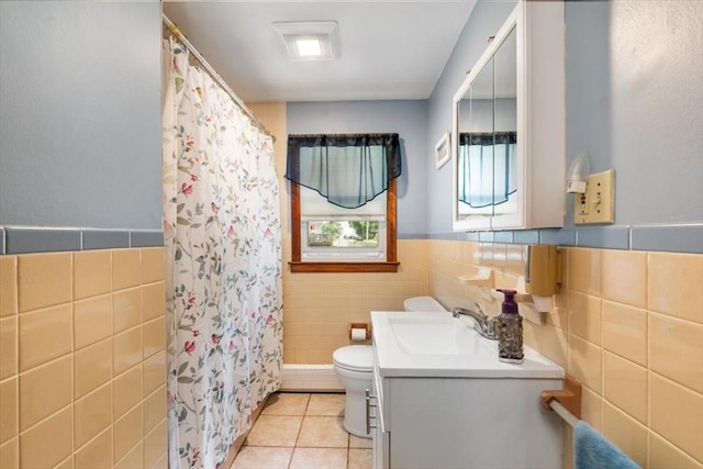 24 Alenclair, Amesbury, MA 01913 - bathroom featuring tile walls, vanity, tile patterned flooring, a shower with curtain, and a wainscoted wall