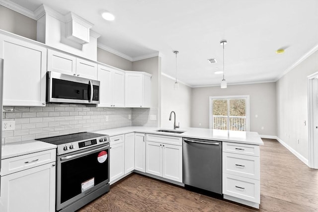 kitchen featuring stainless steel appliances, ornamental molding, a peninsula, and a sink