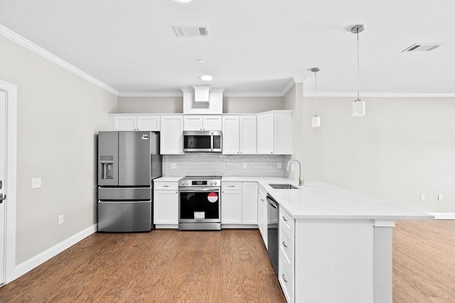 kitchen featuring decorative backsplash, appliances with stainless steel finishes, wood finished floors, a peninsula, and a sink