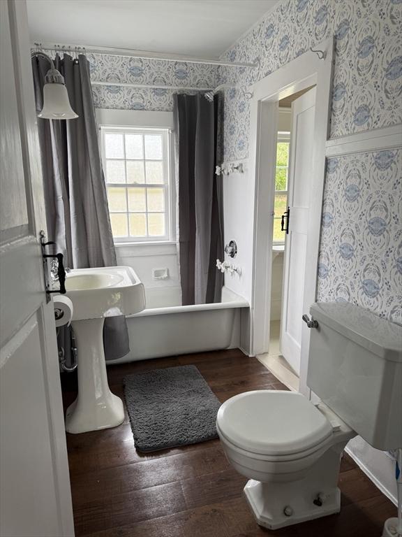36 Uncle Barneys Rd, Dennis, MA 02670 - full bath featuring wallpapered walls, toilet, shower / bath combo with shower curtain, and wood finished floors