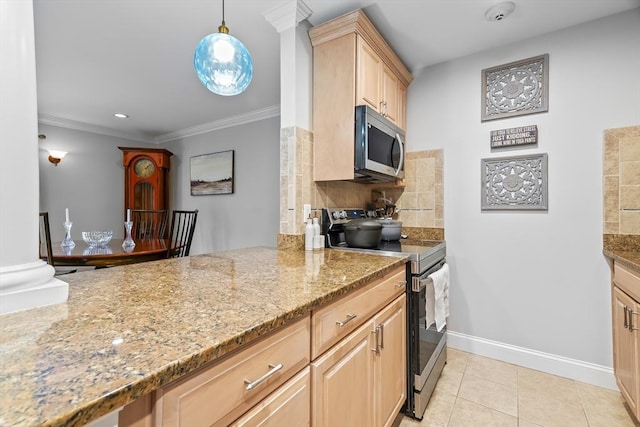 21 Starr Dr Unit 207, Narragansett, RI 02882 - kitchen featuring stainless steel appliances, light brown cabinets, backsplash, light stone counters, and crown molding