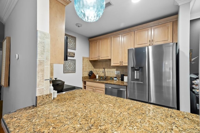 21 Starr Dr Unit 207, Narragansett, RI 02882 - kitchen featuring stainless steel appliances, backsplash, light stone countertops, and light brown cabinets