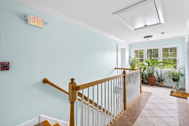 21 Starr Dr Unit 207, Narragansett, RI 02882 - hallway with attic access, ornamental molding, an upstairs landing, and light tile patterned floors