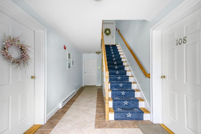 21 Starr Dr Unit 207, Narragansett, RI 02882 - stairs with a baseboard radiator, crown molding, and tile patterned flooring