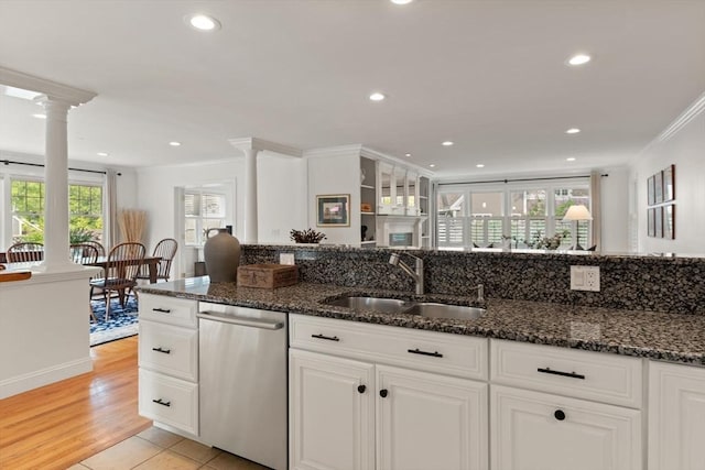 1 Bridge Ln, Newburyport, MA 01950 - kitchen with dishwasher, ornate columns, recessed lighting, white cabinetry, and ornamental molding