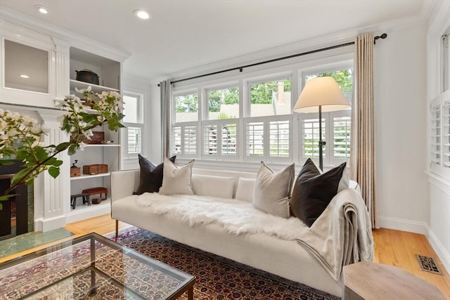 1 Bridge Ln, Newburyport, MA 01950 - living room with light wood-style floors, crown molding, and recessed lighting