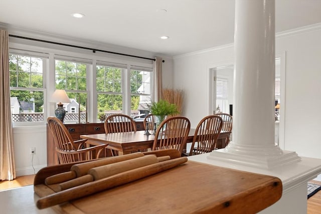 1 Bridge Ln, Newburyport, MA 01950 - dining area with decorative columns, light wood-style flooring, ornamental molding, and recessed lighting