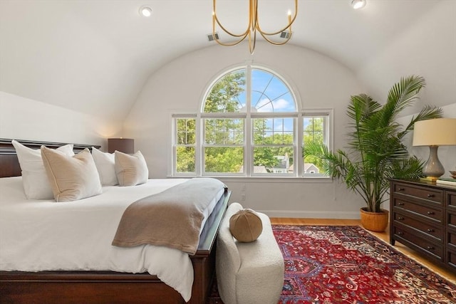 1 Bridge Ln, Newburyport, MA 01950 - bedroom with lofted ceiling, a chandelier, and wood finished floors