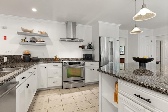 1 Bridge Ln, Newburyport, MA 01950 - kitchen with wall chimney exhaust hood, stainless steel appliances, open shelves, ornamental molding, and white cabinets