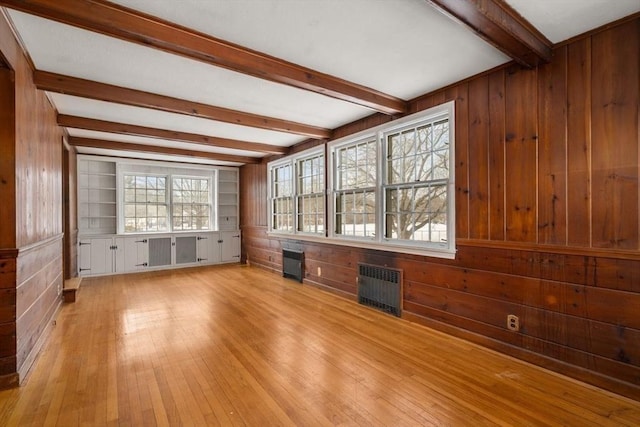 unfurnished room with beam ceiling, wood-type flooring, wood walls, and radiator heating unit