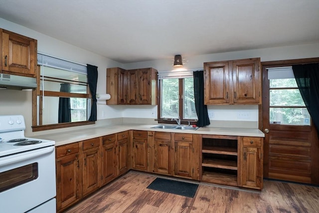 32 Birch Rd, Goshen, MA 01032 - kitchen with white range with electric cooktop, under cabinet range hood, wood finished floors, a sink, and light countertops