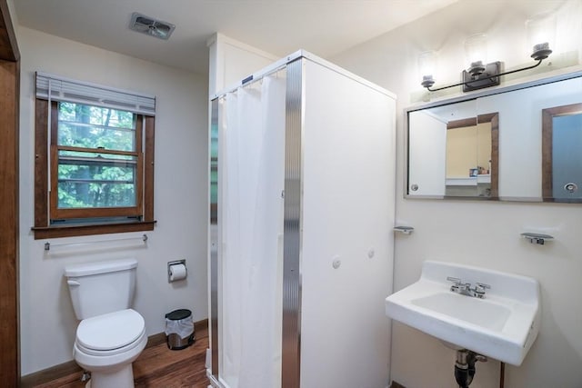32 Birch Rd, Goshen, MA 01032 - full bath with toilet, wood finished floors, a sink, curtained shower, and baseboards
