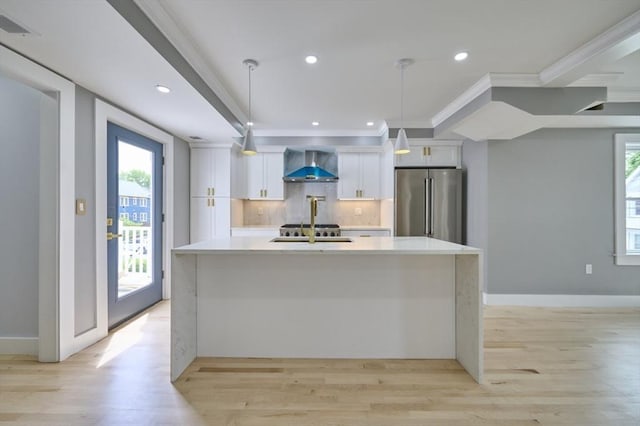 97 Oakton Ave, Boston, MA 02122 - kitchen featuring wall chimney range hood, high end refrigerator, a spacious island, ornamental molding, and backsplash