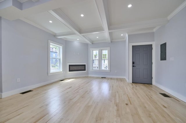 97 Oakton Ave, Boston, MA 02122 - unfurnished living room featuring healthy amount of natural light, beam ceiling, light wood-style floors, electric panel, and baseboards