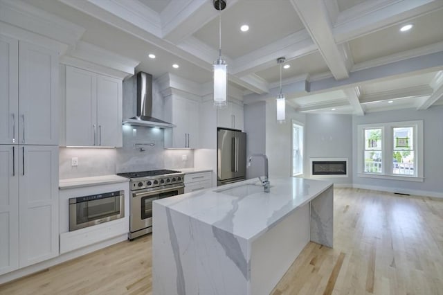 97 Oakton Ave, Boston, MA 02122 - kitchen with wall chimney exhaust hood, high end appliances, a sink, coffered ceiling, and beamed ceiling