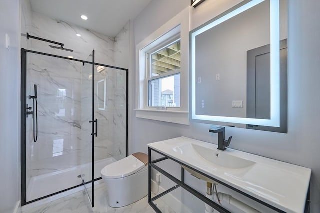 97 Oakton Ave, Boston, MA 02122 - bathroom featuring marble finish flooring, a marble finish shower, toilet, and vanity
